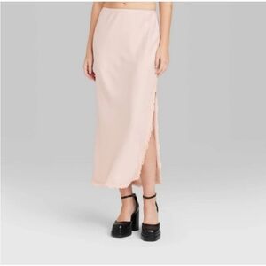 NWT Women's Satin Lace Trim MIDI Skirt - Wild Fable™ Light Pink XS